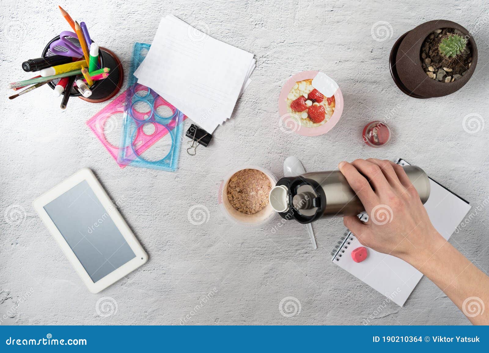 Adding Boiling Water from a Thermos for Cooking. Cooking in a Working