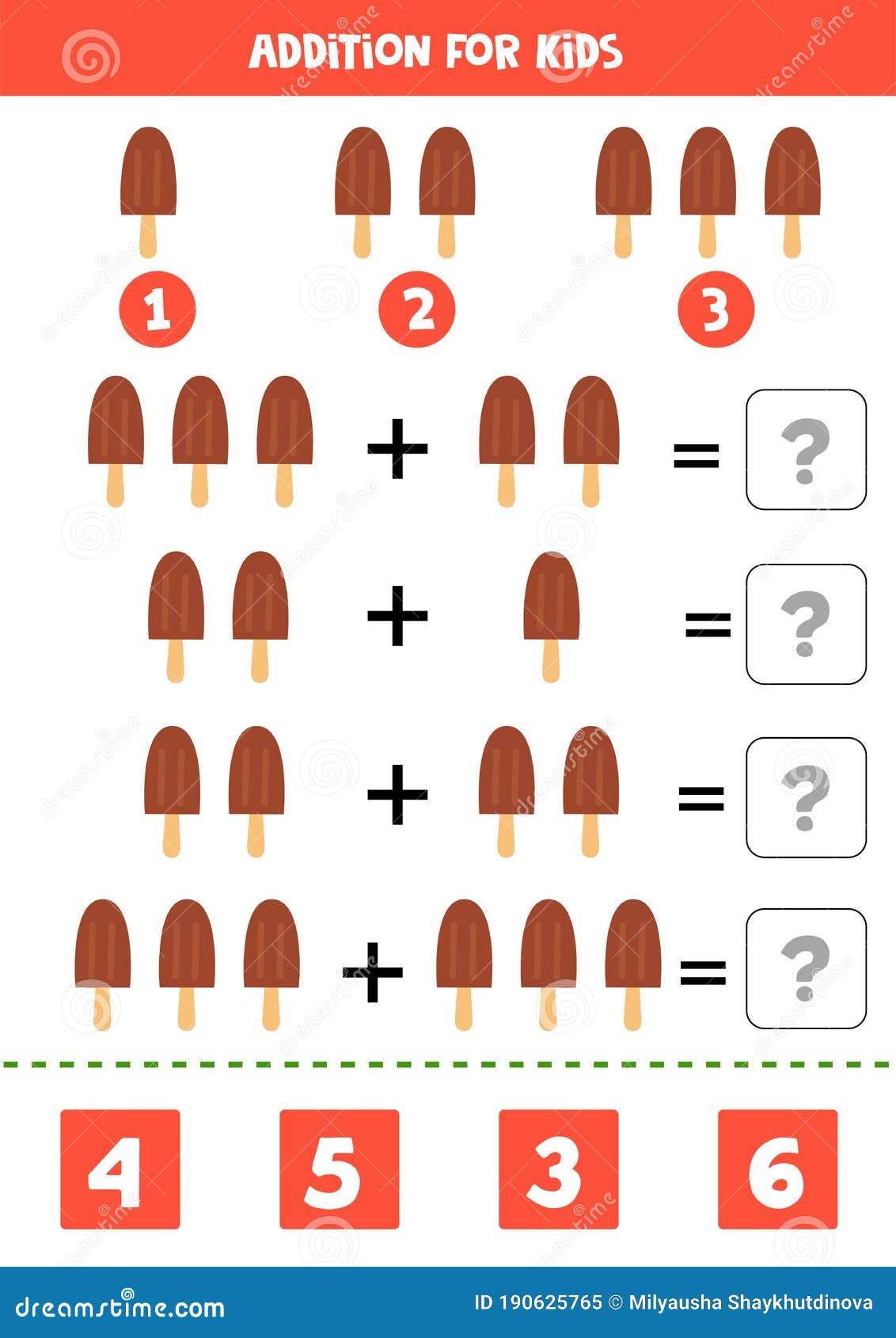 Addition With Cute Cartoon Ice Cream. Math Game. Stock Vector
