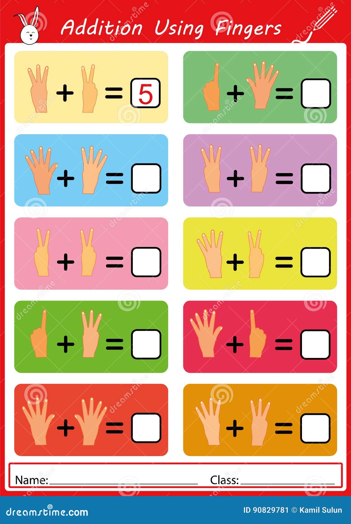 Addition Using Fingers, Math Worksheet For Kids Stock ...