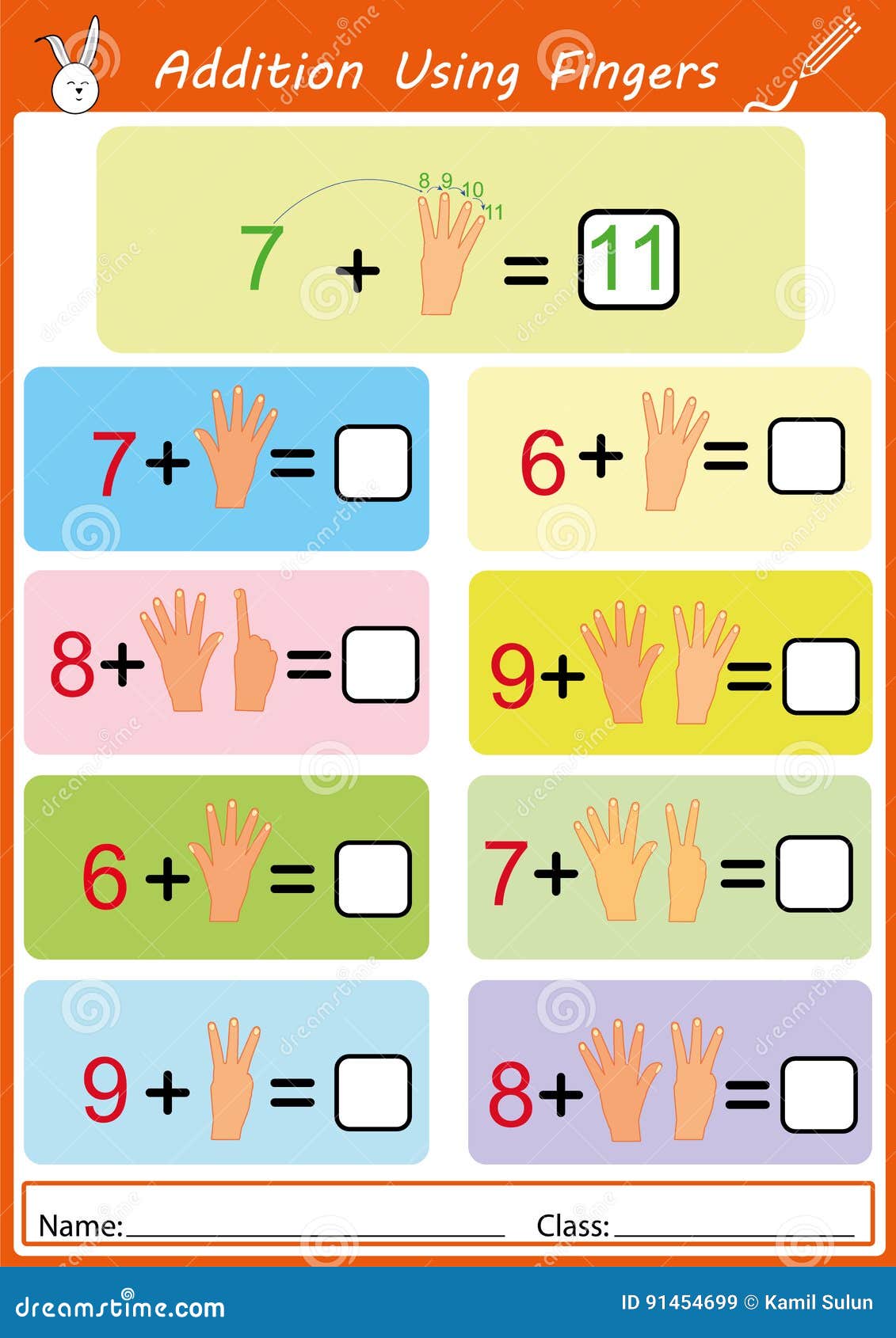 Addition Using Fingers, Math Worksheet For Kids Stock Illustration