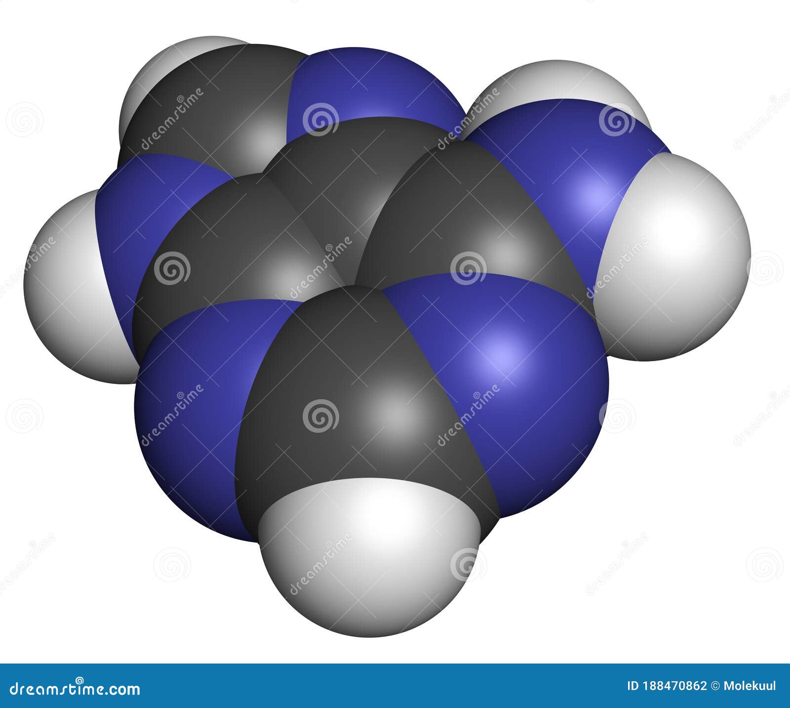 adenine (a, adenine) purine nucleobase molecule. base present in dna and rna. atoms are represented as spheres with conventional