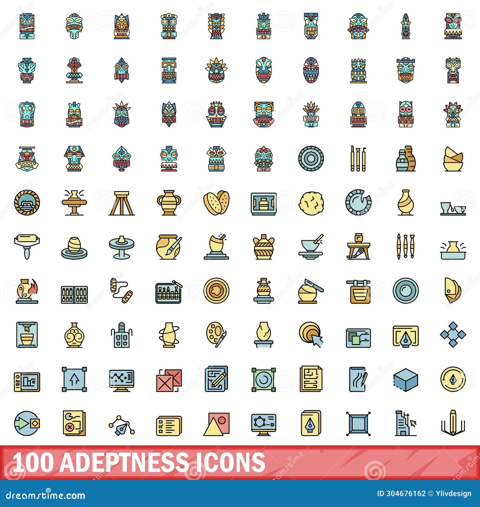 100 adeptness icons set, color line style