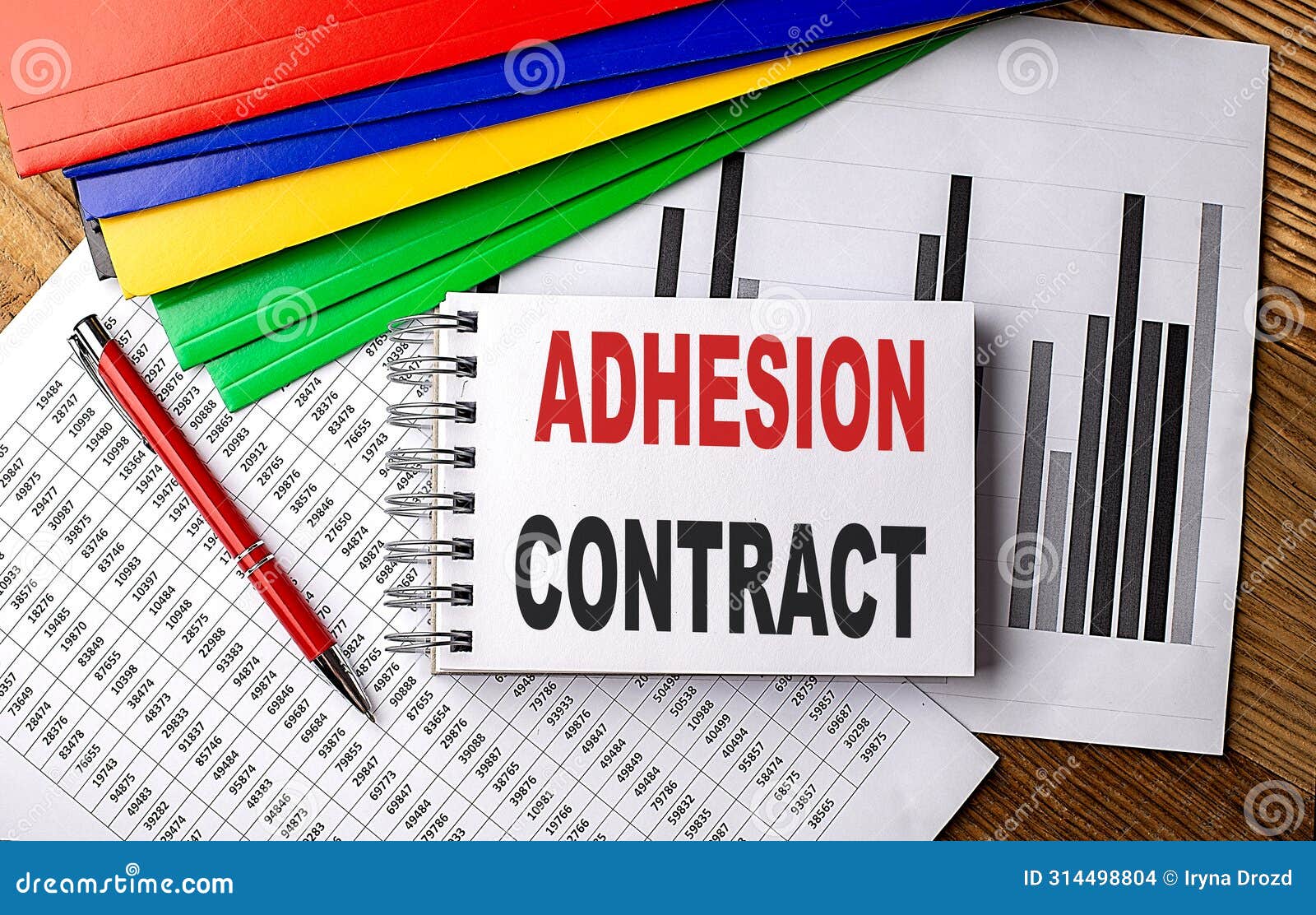 adhesion contract text on notebook with folder on chart