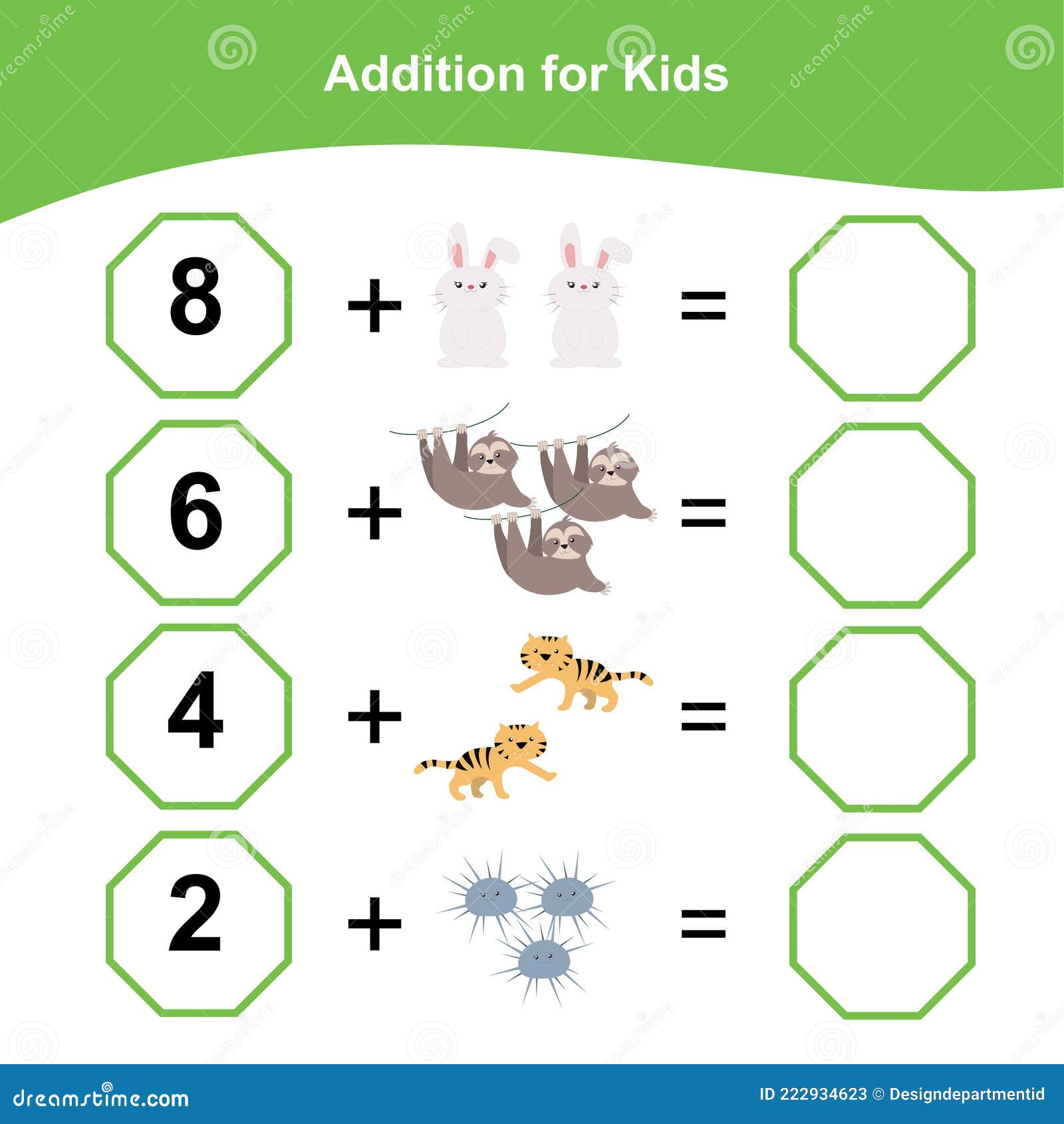 Planilha de adição para criança. jogo educativo para o ensino fundamental.  matemática para crianças