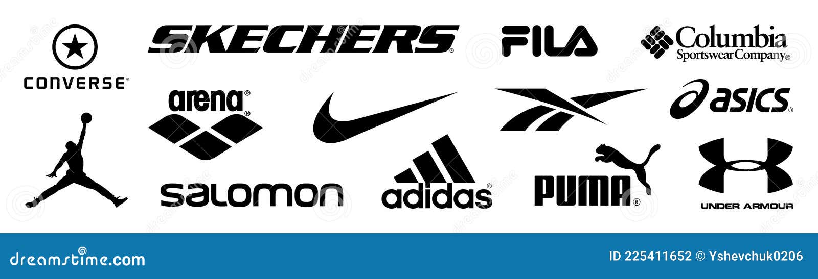 Adidas Nike Reebok Asics Jordan Puma Armor Fila Columbia Skechers Conversa Logos De Salomon Arena Logos De Deportes Fotografía editorial - de icono, forma: 225411652
