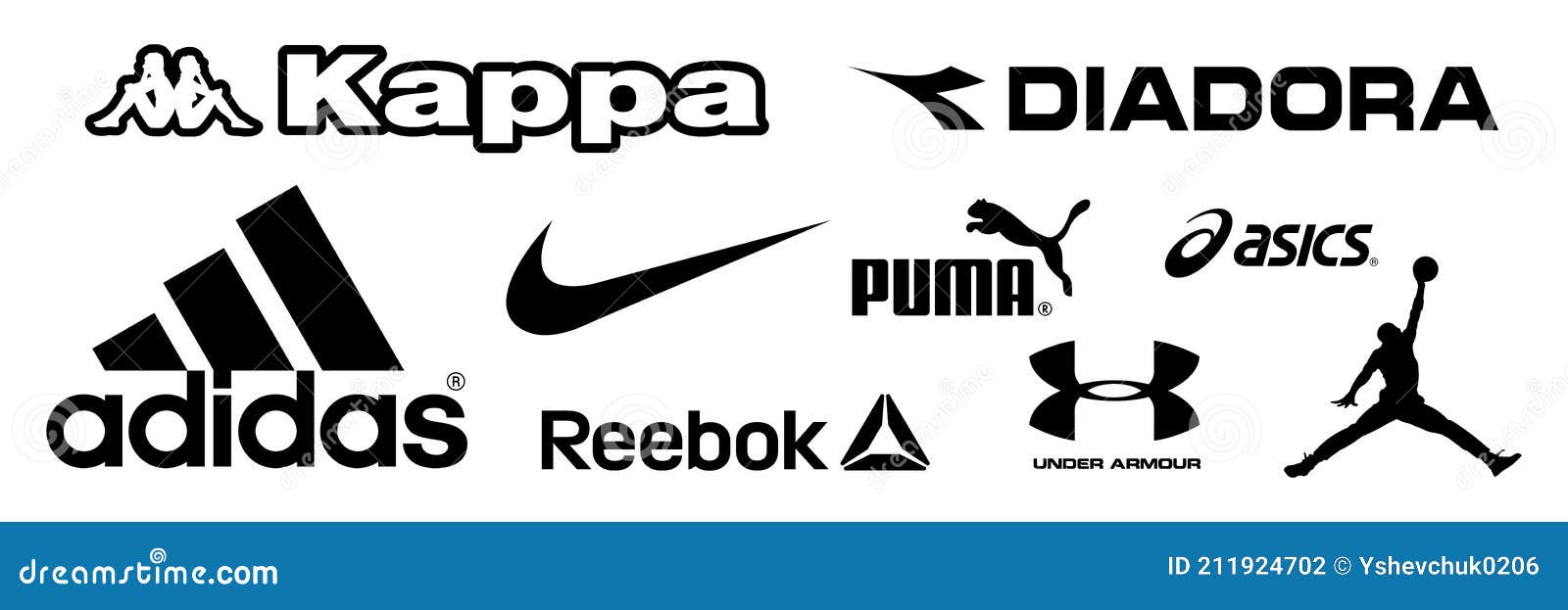 Adidas, Nike, Reebok, Asics, Jordan, Puma, Under Armour, Kappa, Diadora Logos of Sports and Sportswear Company. Kyiv, Editorial Photography - Illustration of logo, football: 211924702