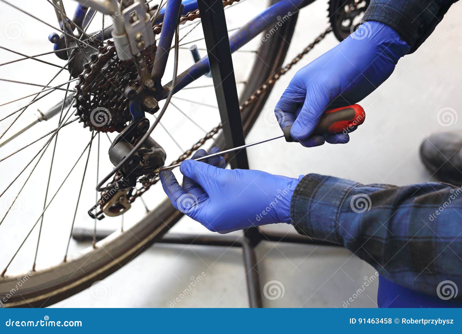 Adjustable Rear Derailleur in Bike Service. Stock Photo Image of male