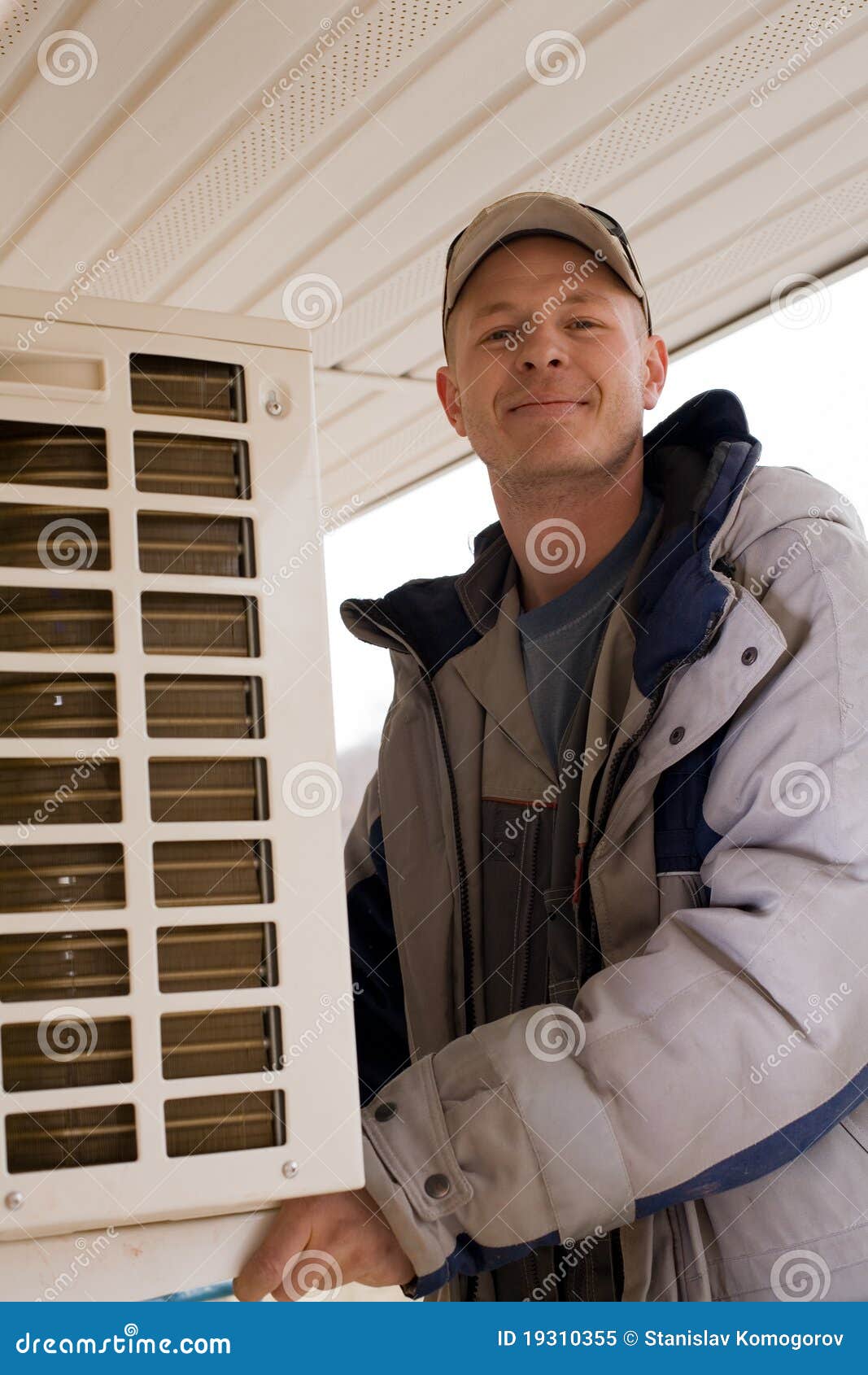 Adjuster Sets a New External Unit Air Conditioner Stock Image Image