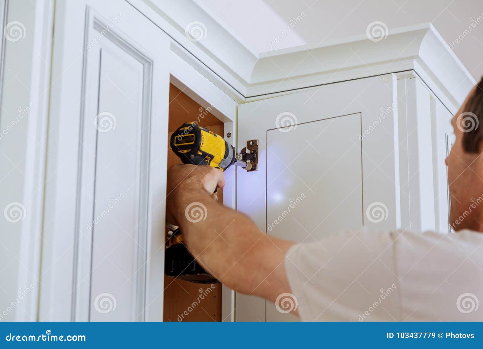 Adjusting Fixing Door Kitchen Cabinets Stock Image Image Of Door