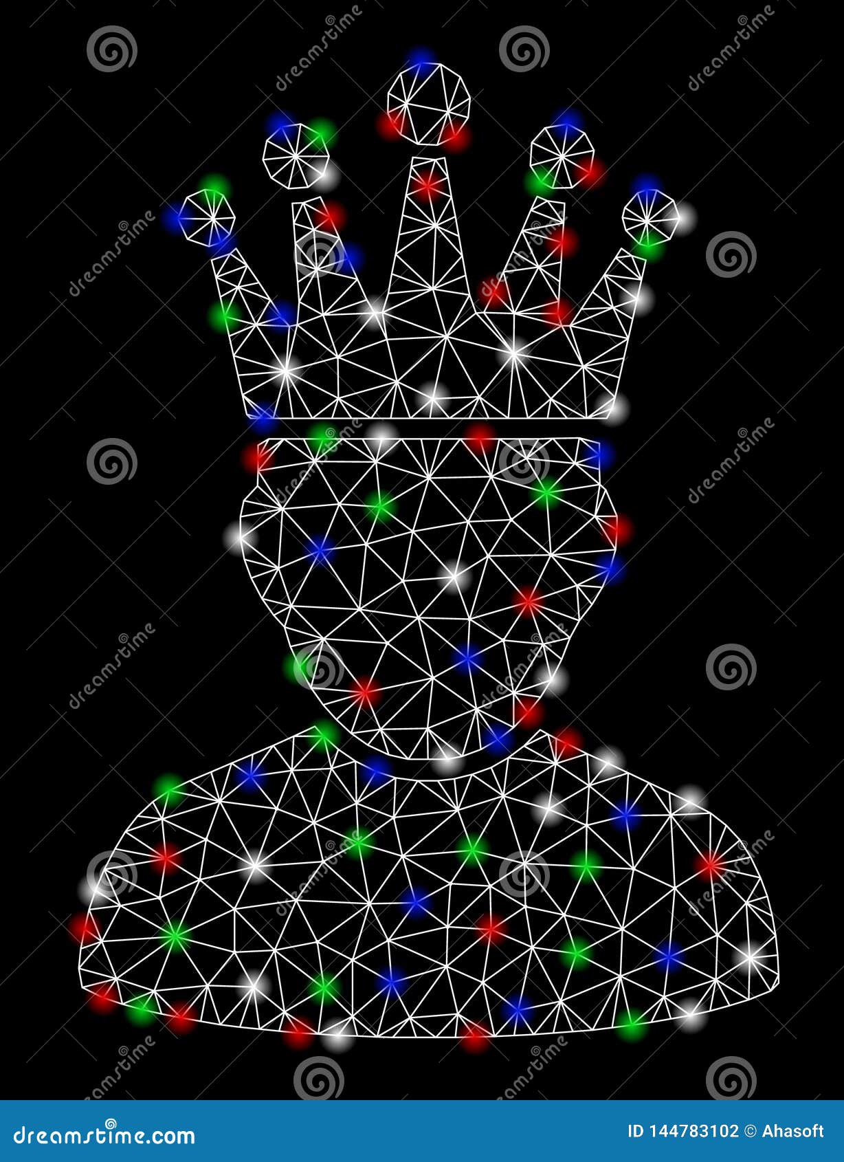 Administrador da coroa da malha brilhante 2D com pontos claros. Administrador brilhante da coroa da malha com efeito do lightspot Malha poligonal da carcaça branca do fio no formato do vetor em um fundo preto Malha do sum