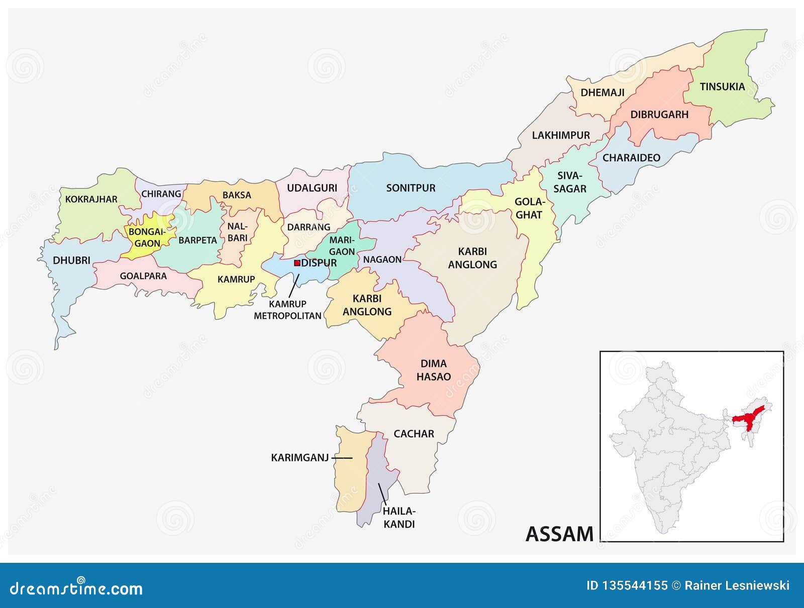 Assam Map. Political And Administrative Map Of Assam With Districts ...