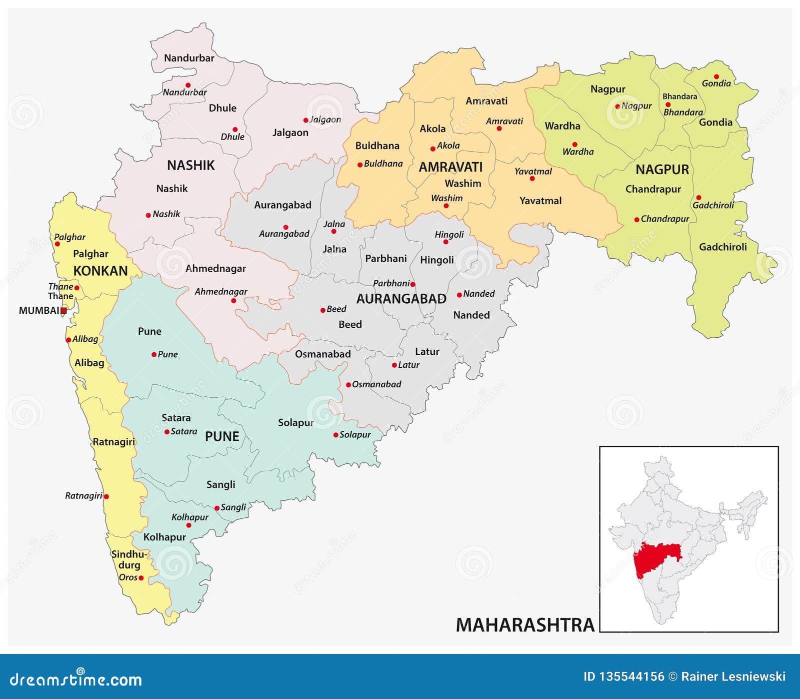 administrative and political map of indian state of maharashtra, india