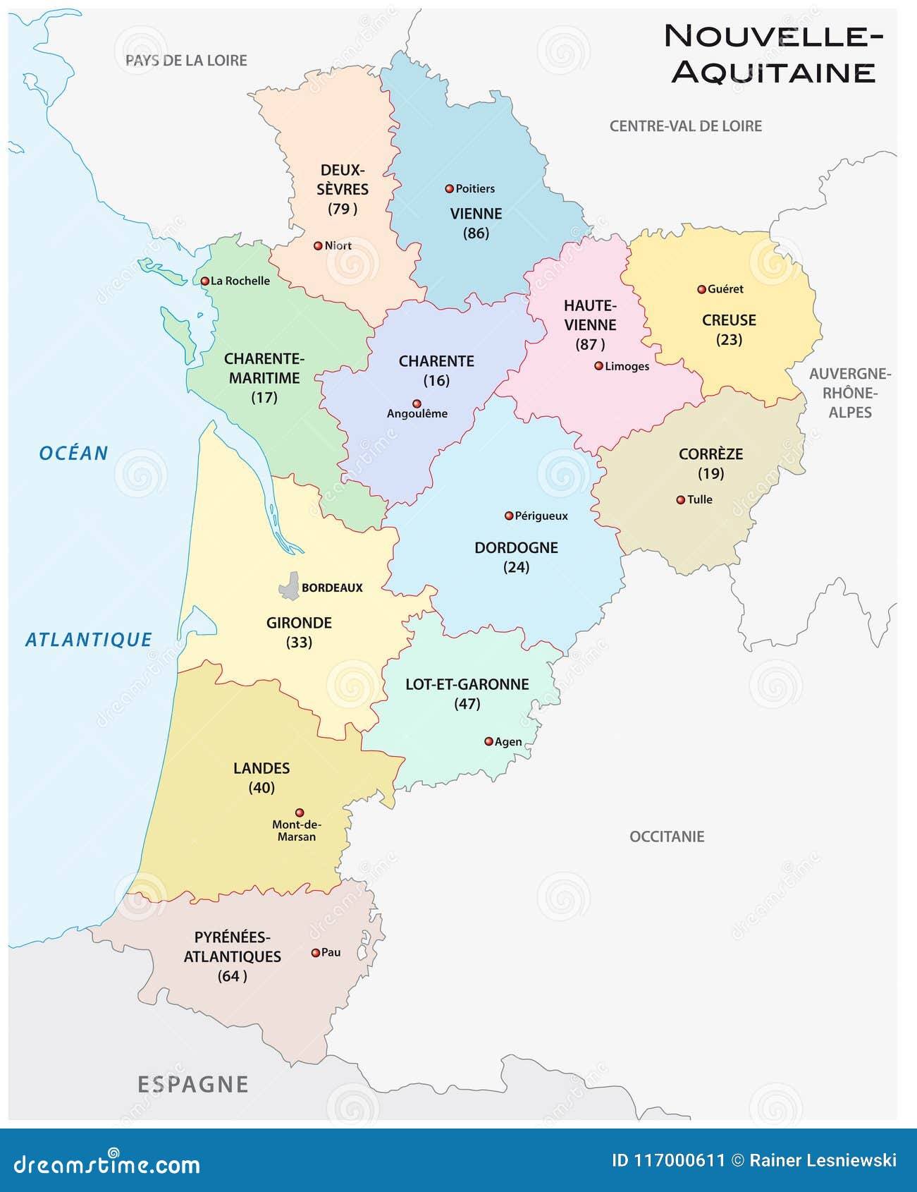 administrative and political  map of the region nouvelle-aquitaine, france
