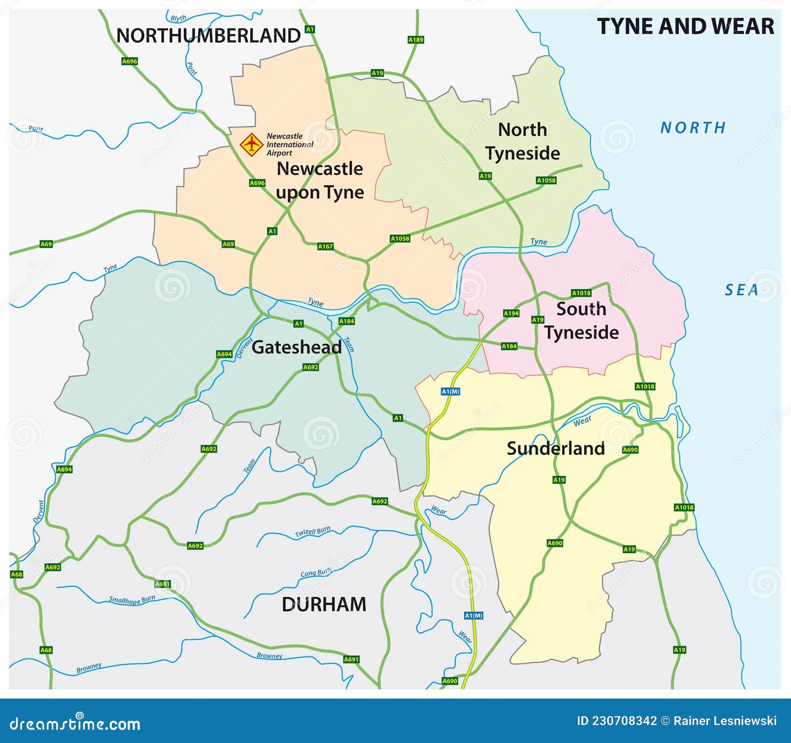 administrative and road  map of the metropolitan county of tyne and wear, united kingdom