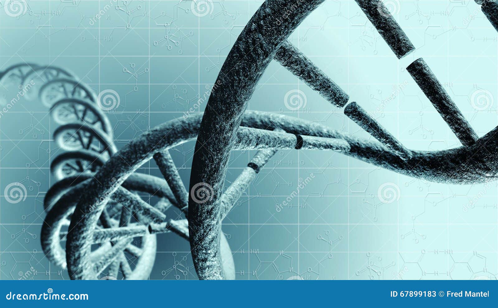 ADN genético. Uma imagem de uma costa do ADN Uma ilustração 3D de uma corrente do código genético com fundo da grade Sumário próximo acima de uma hélice do cromossoma em água-cores brilhantes