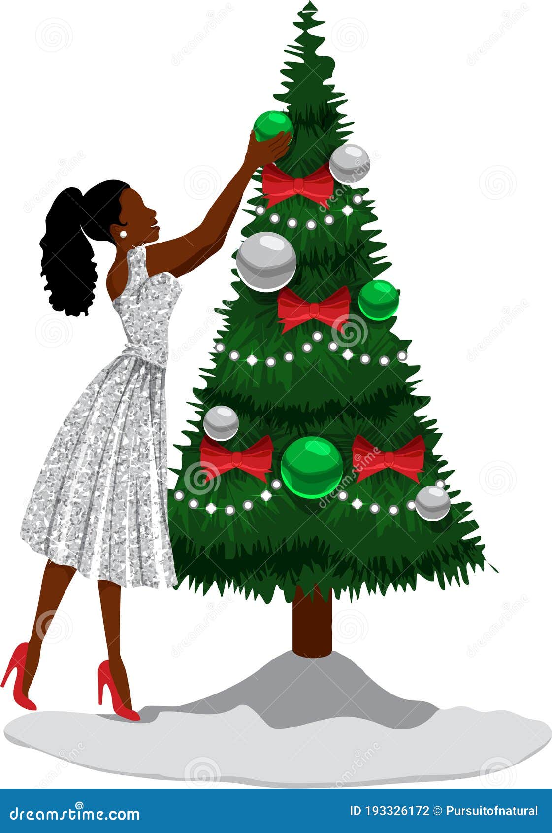 black woman in white sparkling dress decorates christmas tree