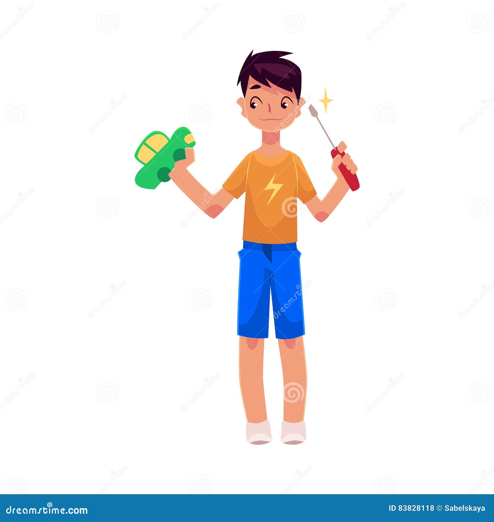 Adolescente que guarda a chave de fenda, tentando fixar, para reparar o carro do brinquedo. O adolescente que guarda a chave de fenda, tentando fixar, repara um carro do brinquedo, ilustração do vetor dos desenhos animados no fundo branco Retrato completo do comprimento do menino que guarda a chave de fenda e um carro do brinquedo, conceito do reparo