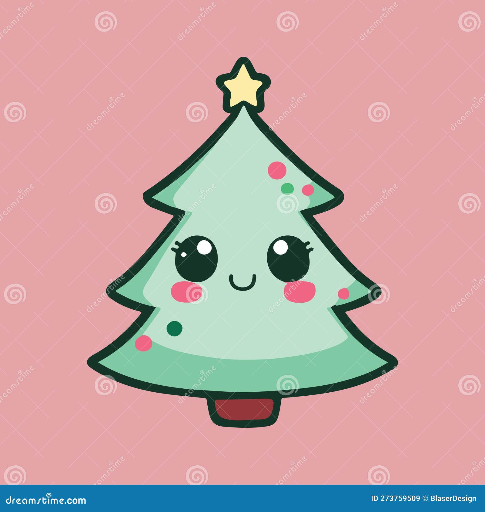 Desenho fofo de árvore de natal kawaii feliz com corações