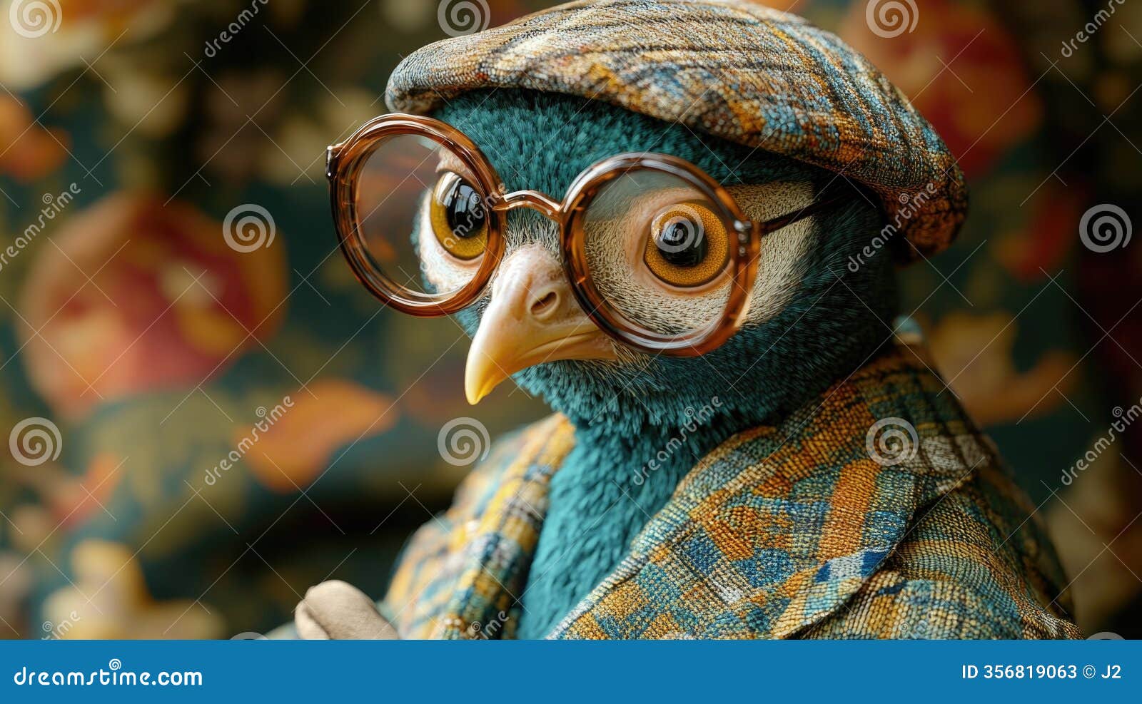 adorable bird wearing glasses and vintage outfit in detailed close-up