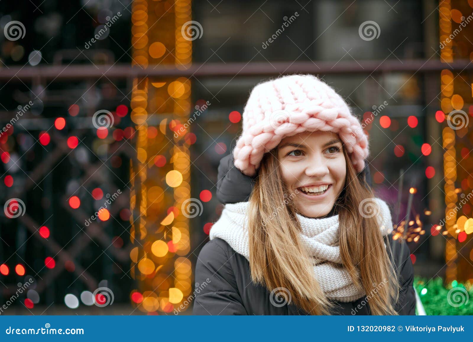 Adorable Blonde Girl Wearing Winter Outfit Celebrating Christmas Stock ...