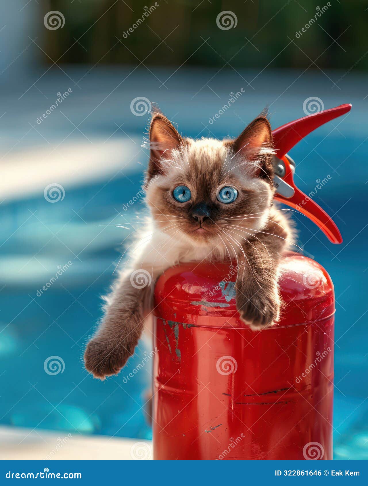 adorable blue eyed kitten with playful expression sitting on a red fire extinguisher next to a shimmering blue swimming pool on a