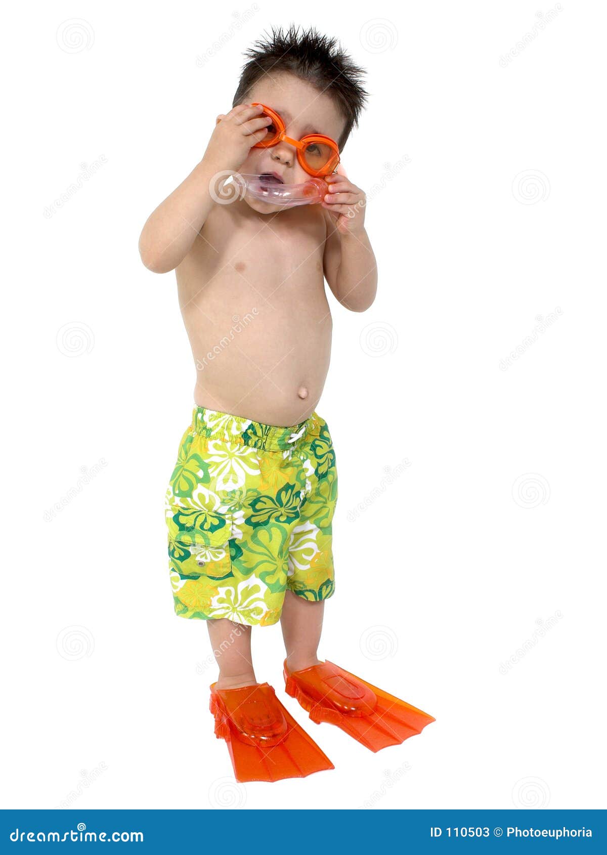 adorable boy ready to snorkel over white