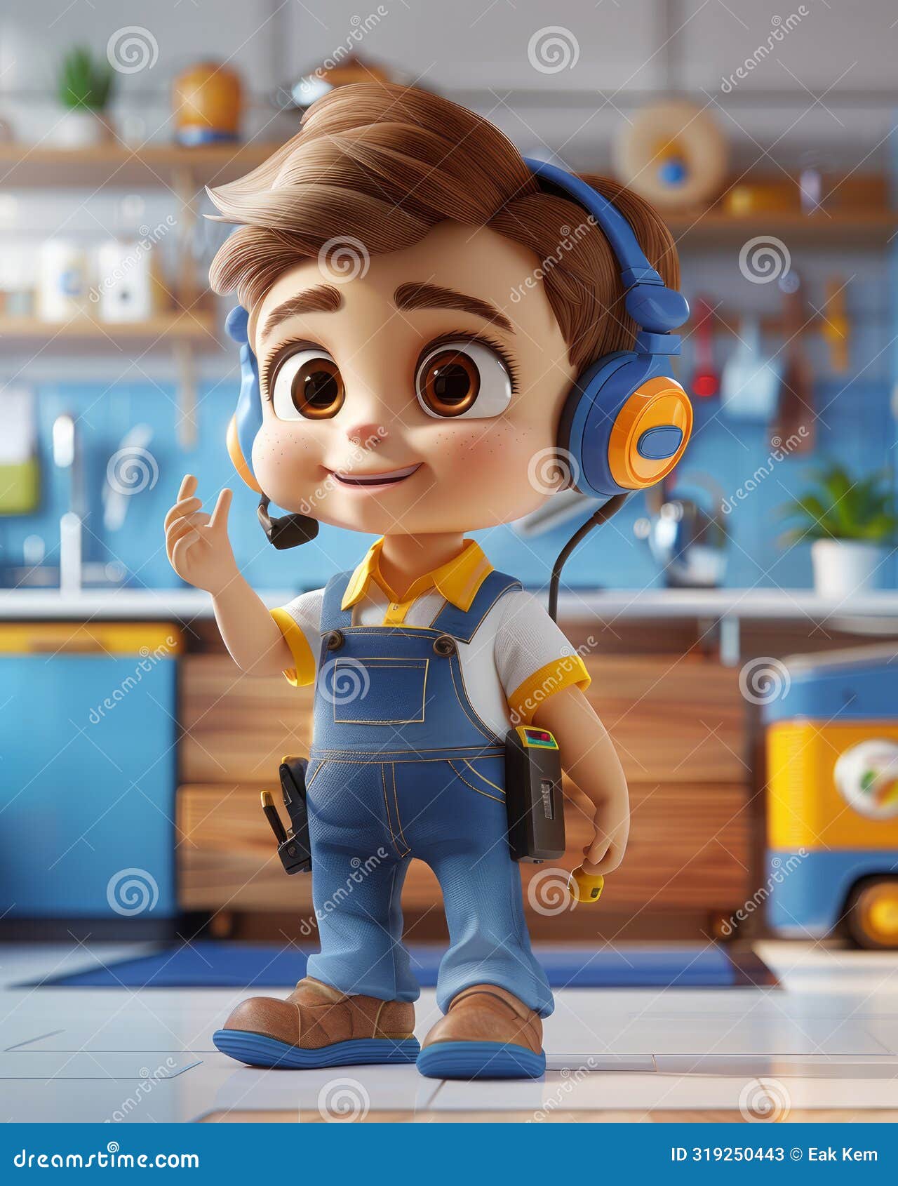 Adorable Cartoon Boy in Overalls and Headset Ready for Work in a Bright