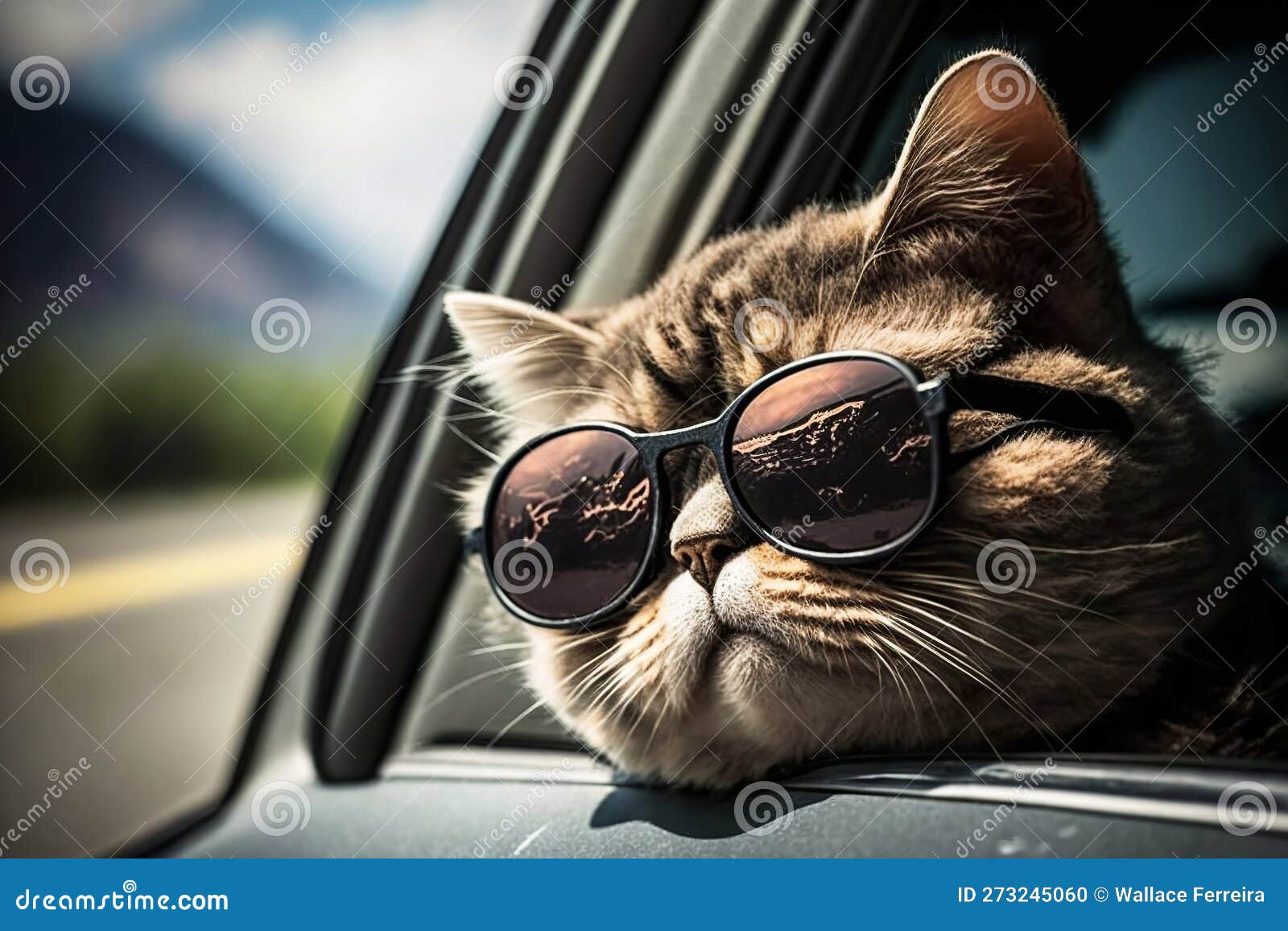 adorable cat wearing sunglasses in car window. generative ai.