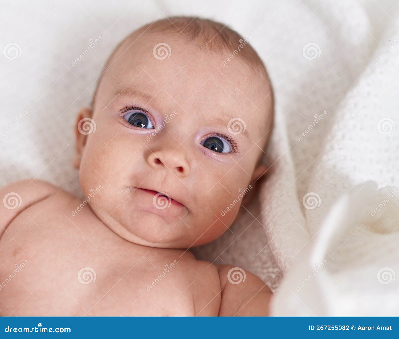 Adorable Caucasian Baby Lying On Bed With Relaxed Expression At Bedroom