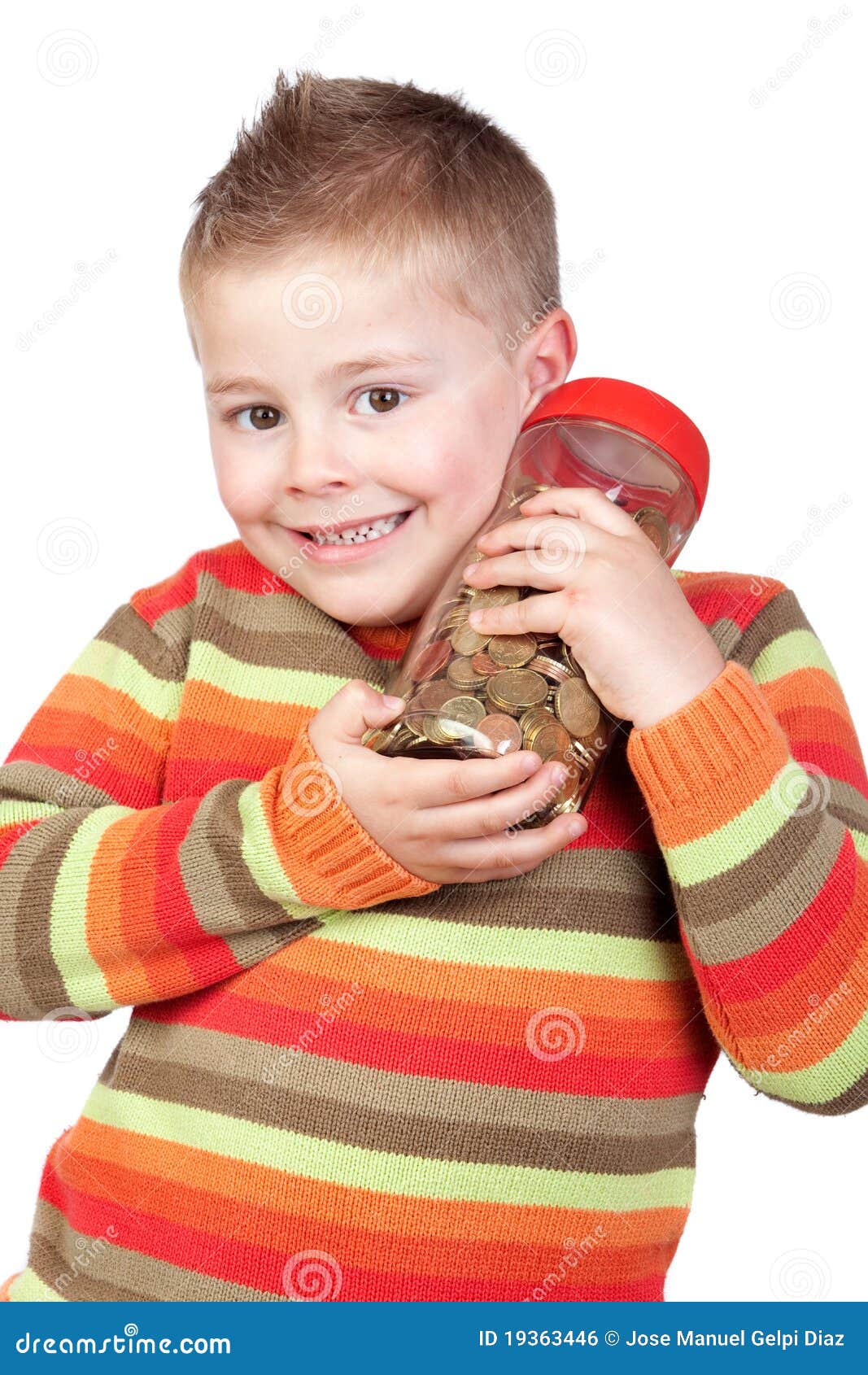 Adorable Child with a Glass Jar with Many Coins Stock Photo Image of