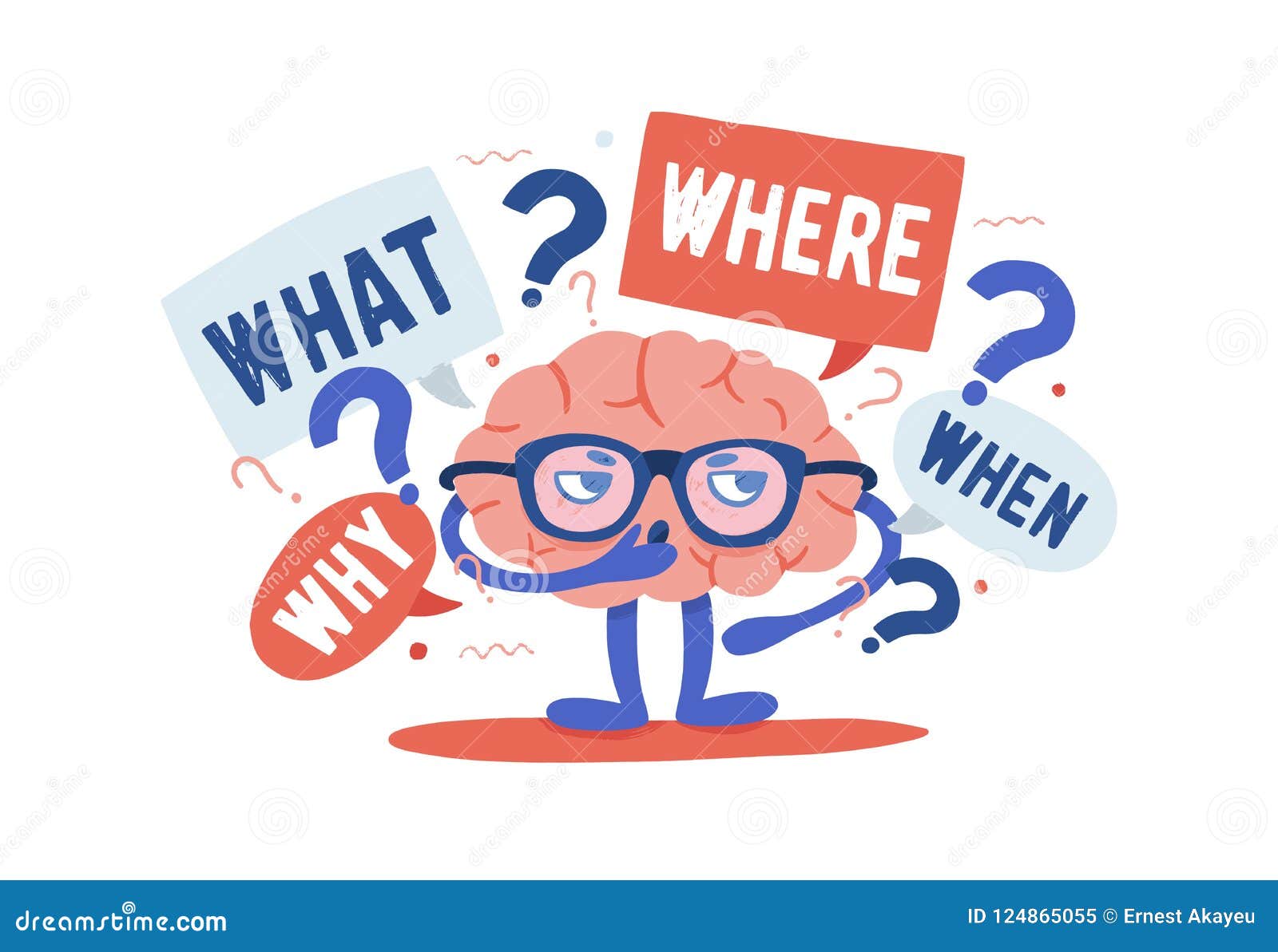 adorable curious human brain with glasses solving riddles surrounded by questions and interrogation points. cartoon