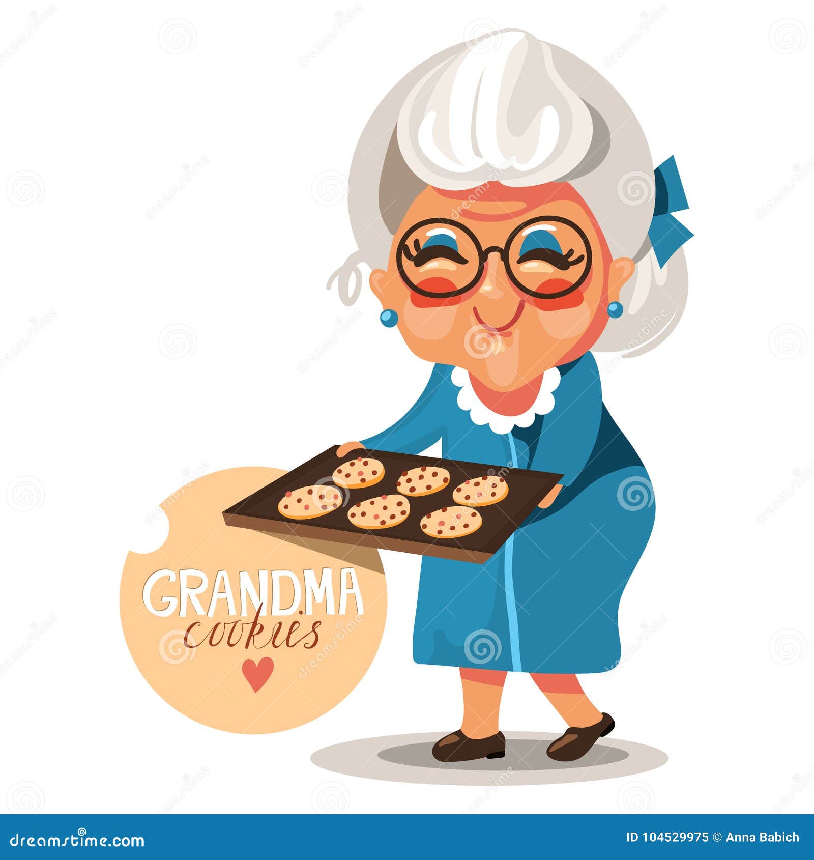 grandmother grandma in a blue dress and glasses with cooked, fresh baked cookies