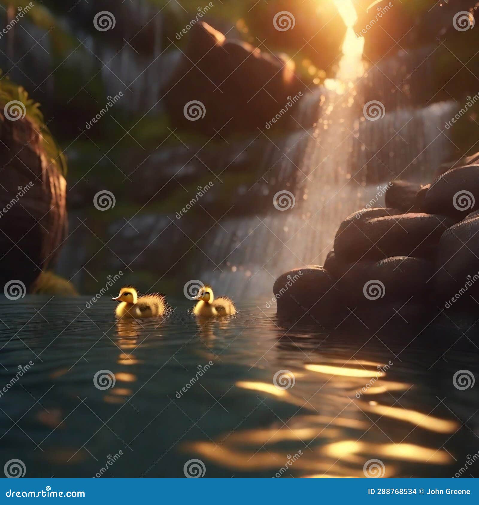 cute ducklings swimming in a stream, by a waterfall, generated by ai.