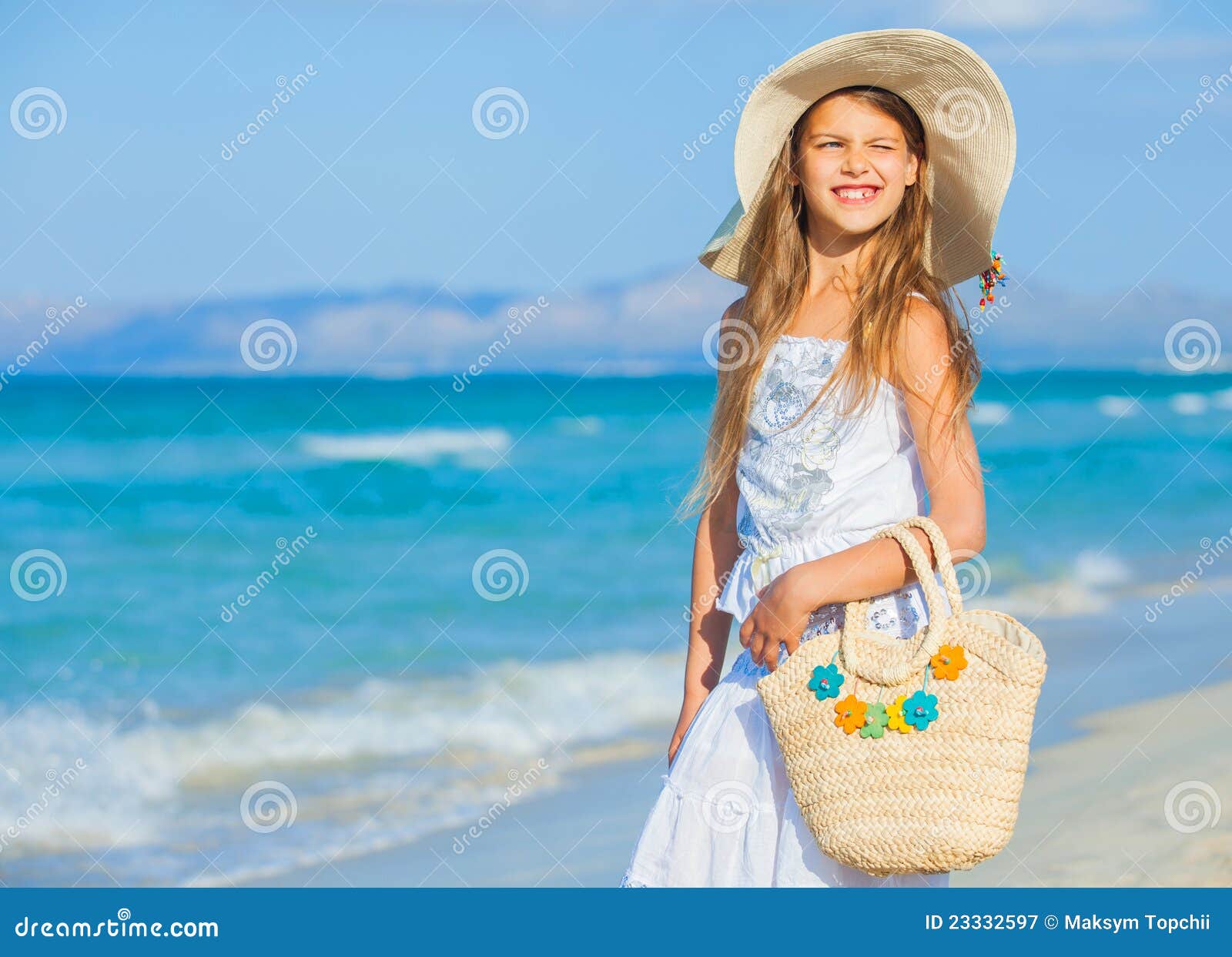 Adorable Girl Wearing Elegant Hat on the Beach Stock Image Image of