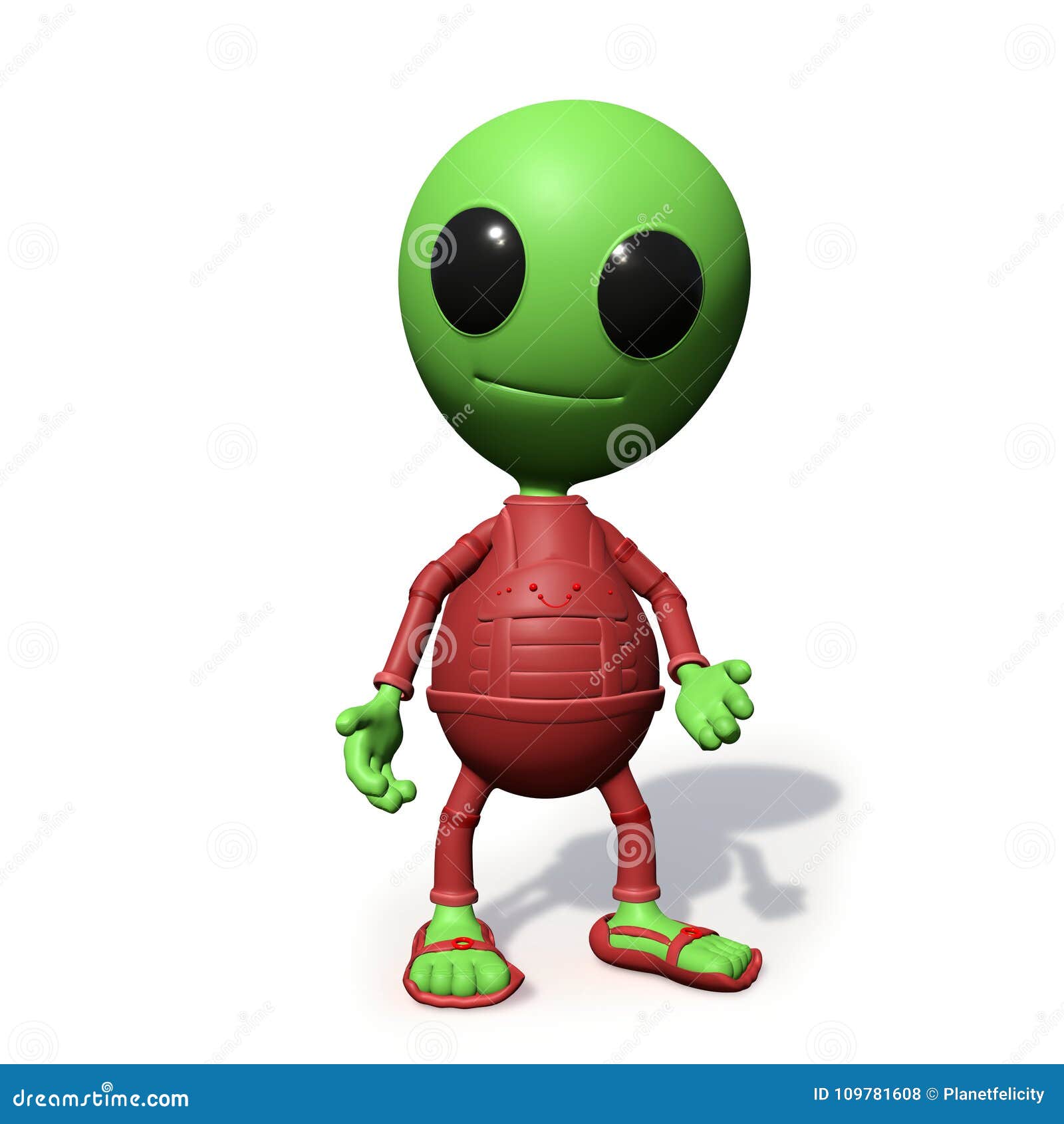 cute little alien cartoon character standing, visitor form outer space 3d , on white background