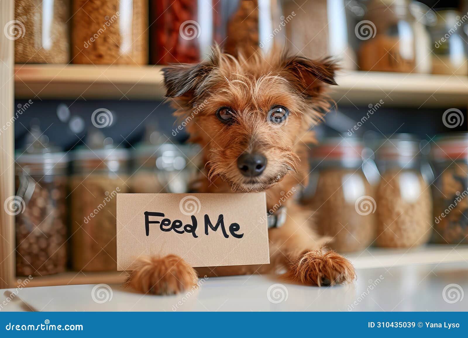 adorable hungry dog with pleading eyes holding a "feed me" cardboard sign in the kitchen. concept of pet care, animal