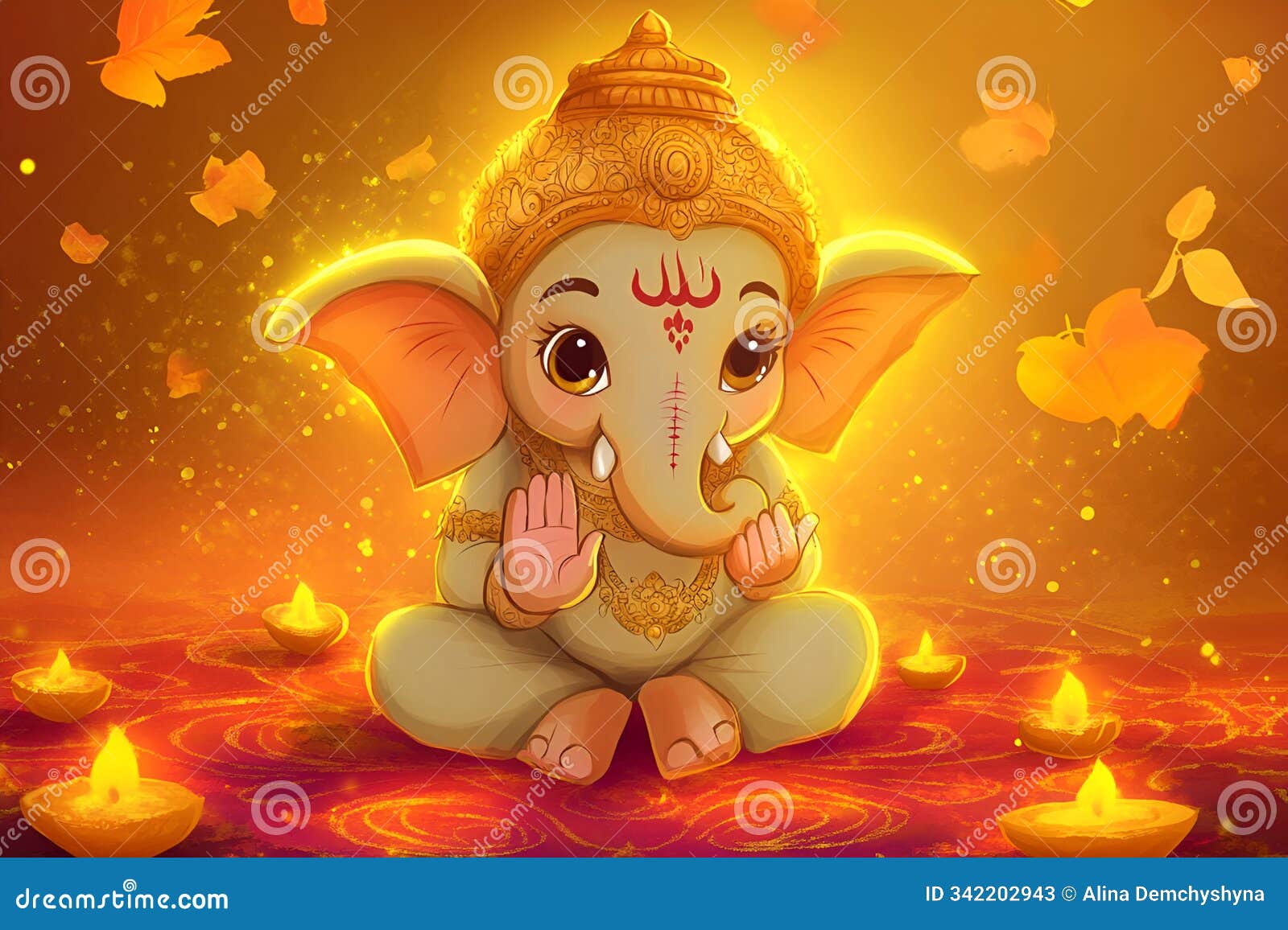 cute ganesha  with glowing diyas and autumn leaves for a festive celebration, diwali