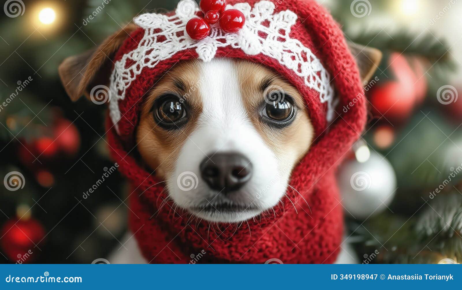 adorable jack russell terrier in festive home setting poses by the christmas tree adorned with red