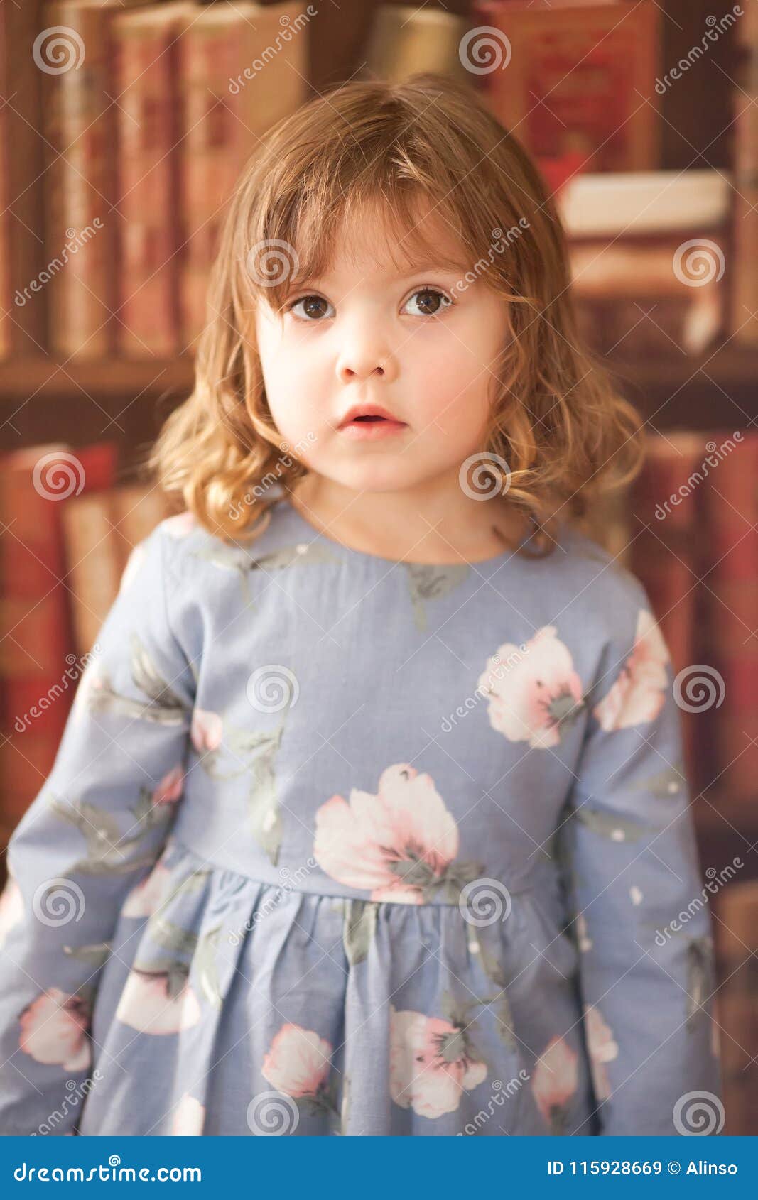 Adorable Little Girl Indoor Portrait Bookshelf On The Background