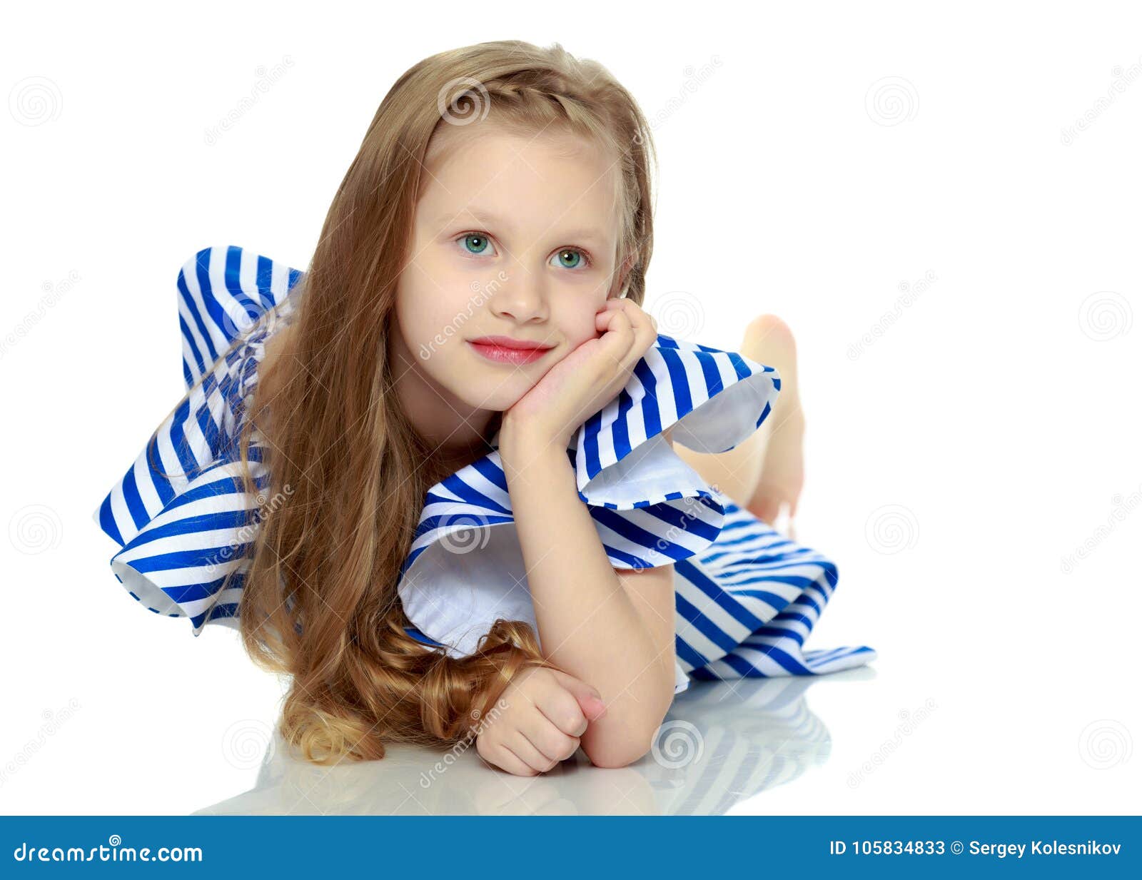 Adorable Little Blond Girl in Very Short Summer Striped Dress.Sh Stock ...