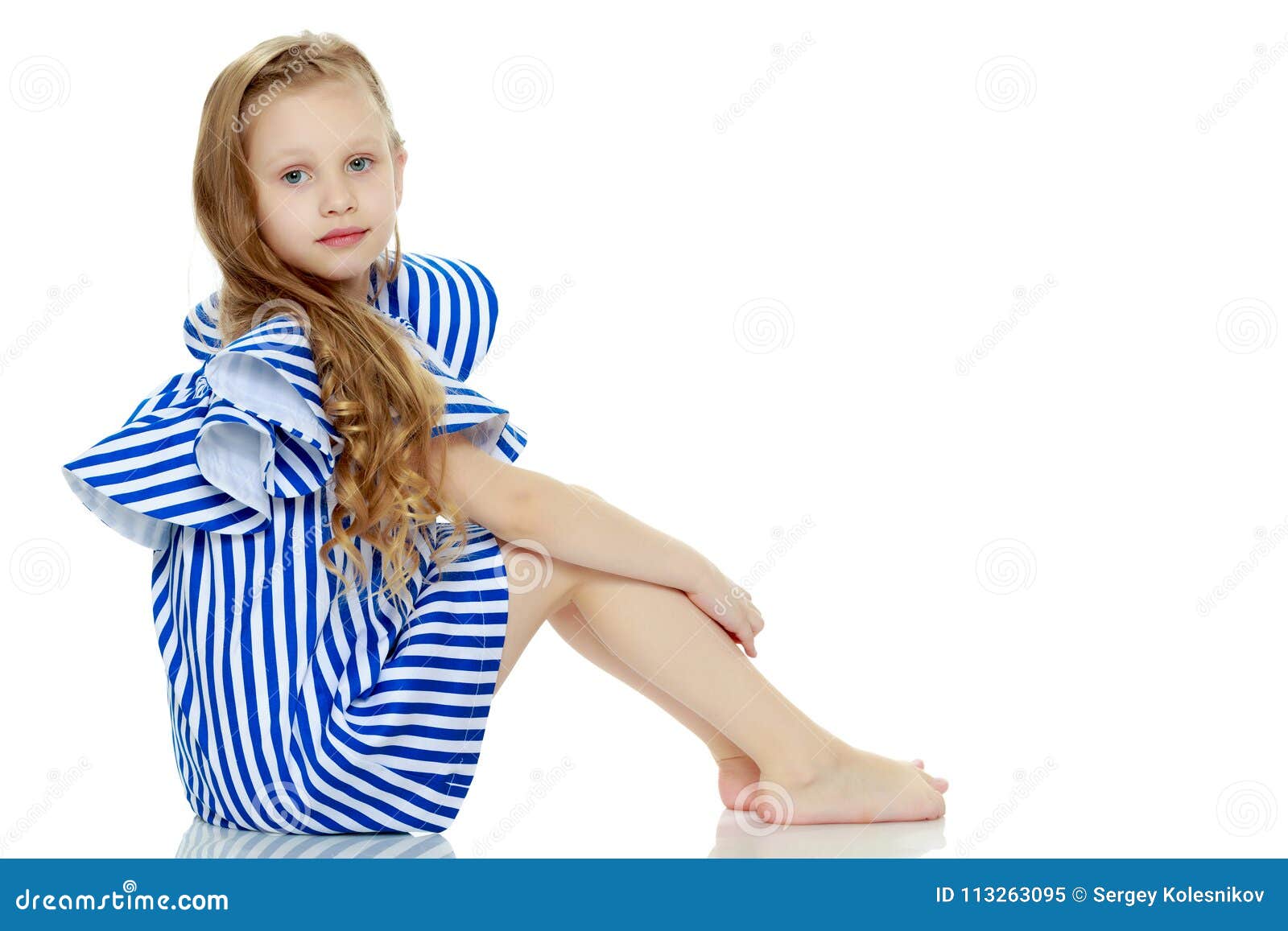 Adorable Little Blond Girl in Very Short Summer Striped Dress. Stock ...