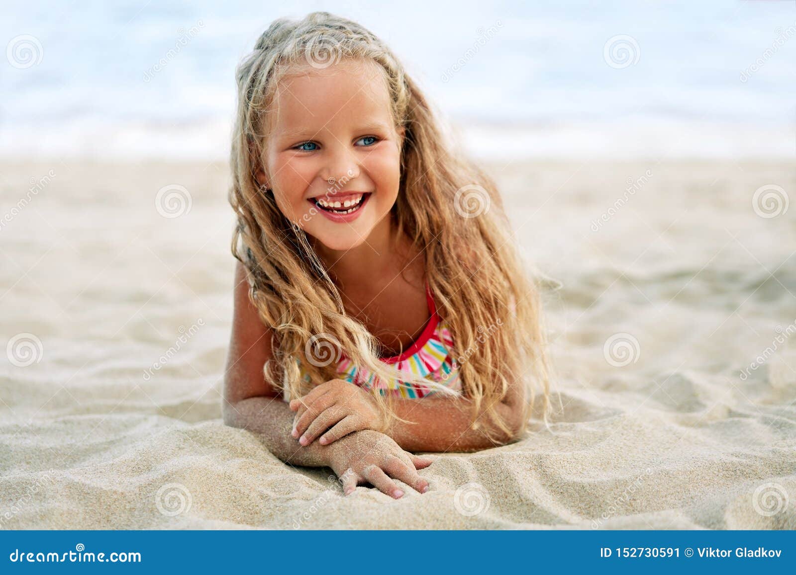 Adorable Little Blonde Girl Relax on Sandy Beach Enjoy Sea Stock Image ...
