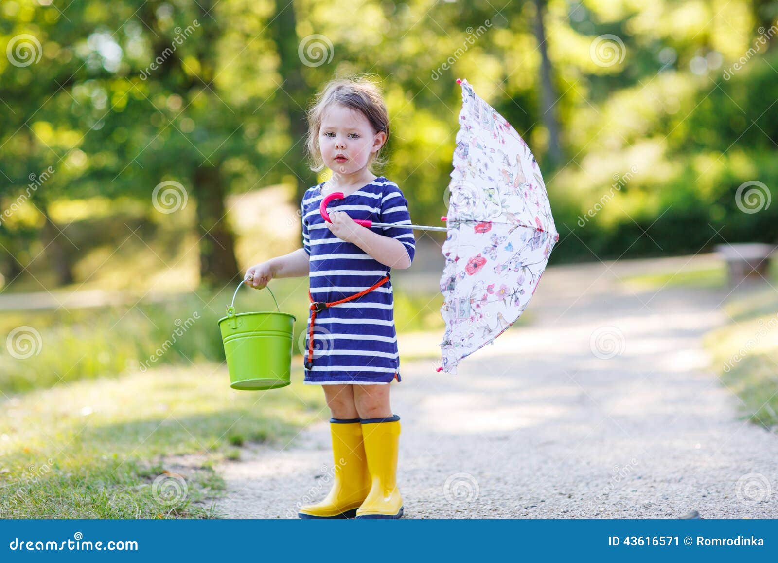 Adorable Little Child in Yellow Rain Boots and Umbrella in Summer Park ...