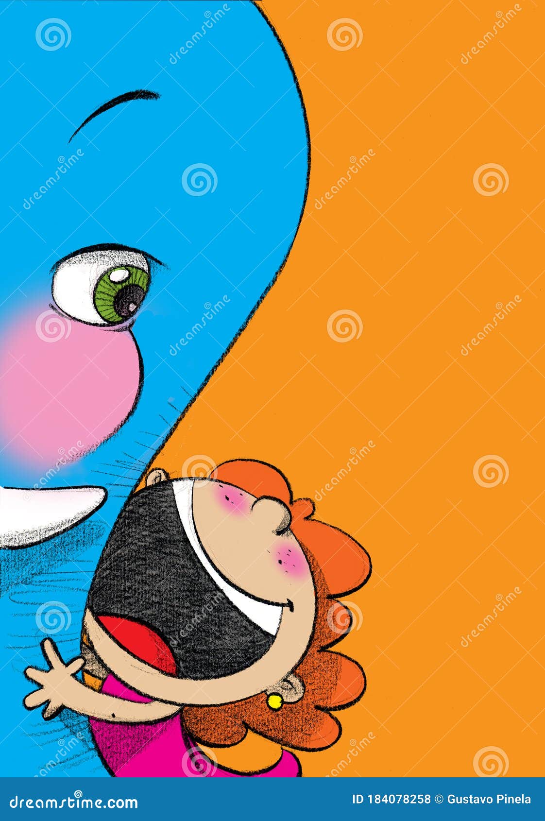 girl caresses and hugs a blue elephant
