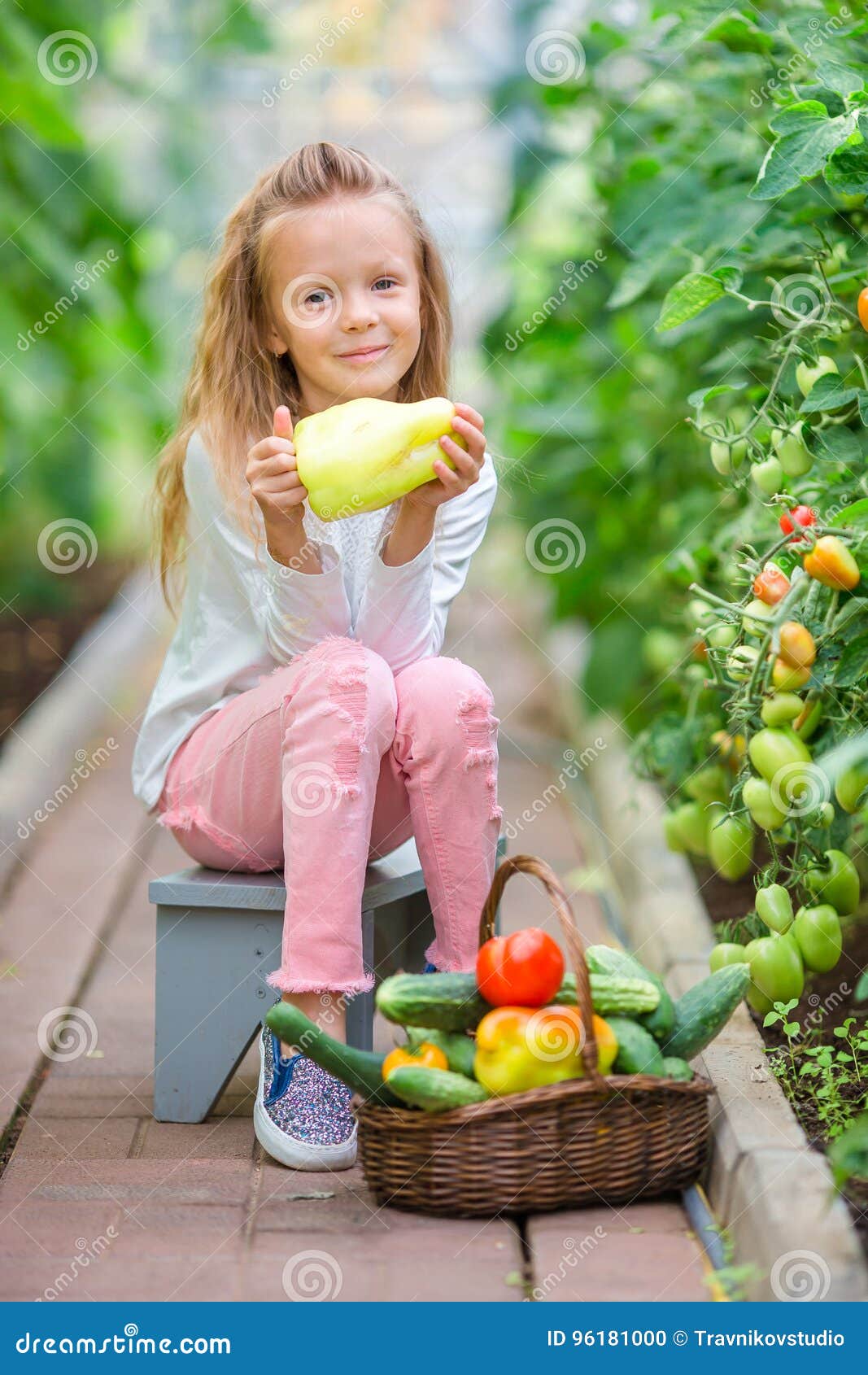 Adorable Little Girl Harvesting in Greenhouse. Portrait of Kid with the ...