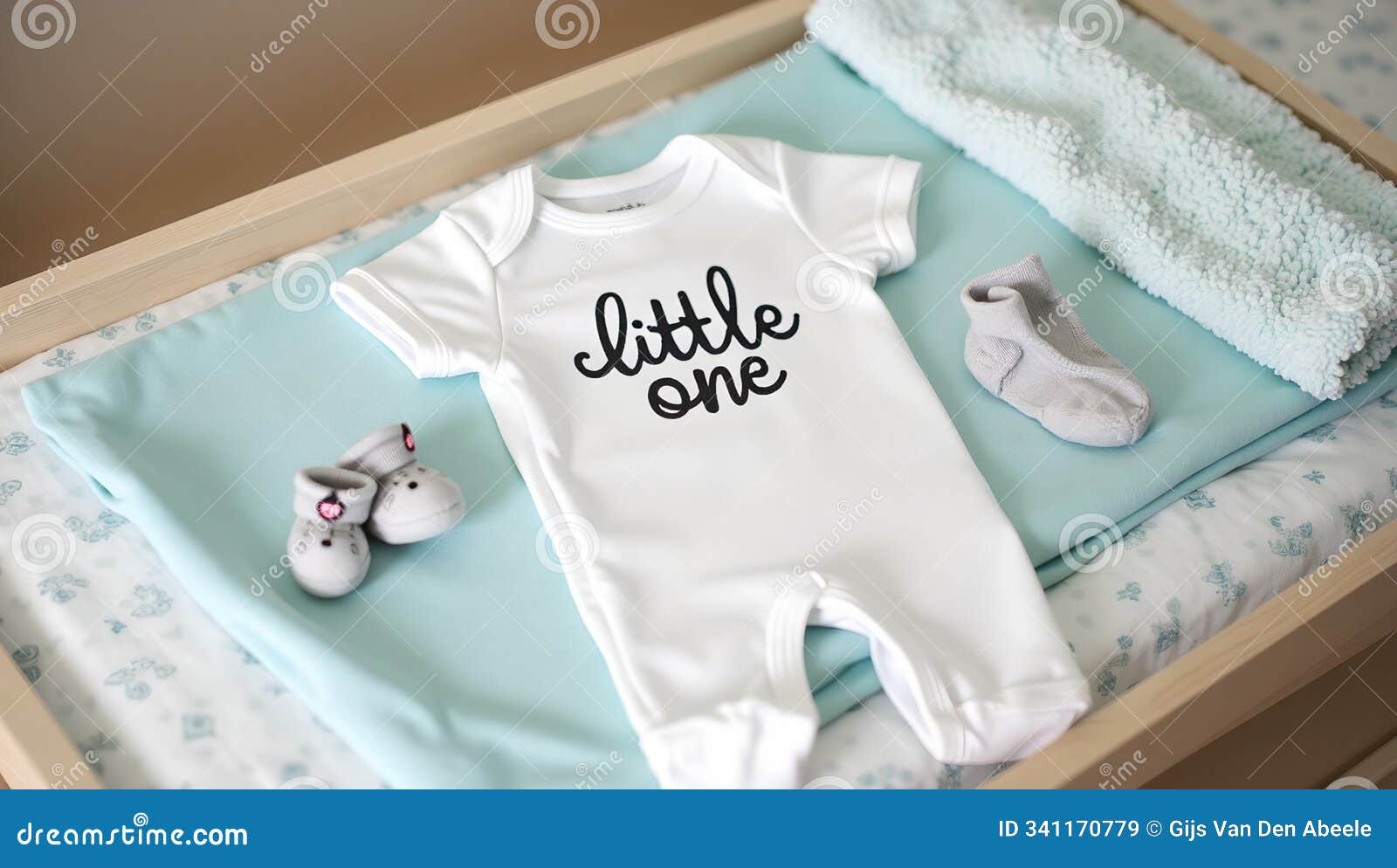 adorable little one onesie on changing table with baby blankets and socks