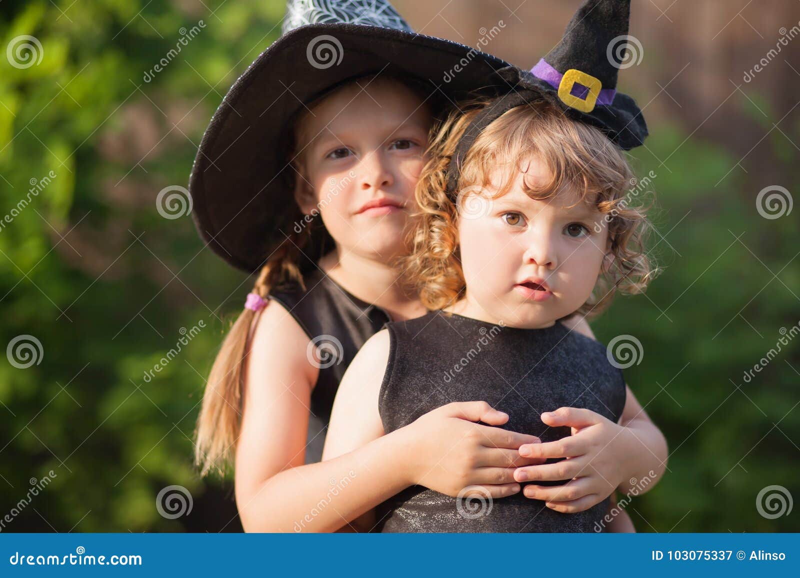 Two Little Sisters Dressed Like Witches, Trick or Treat. Stock Image ...