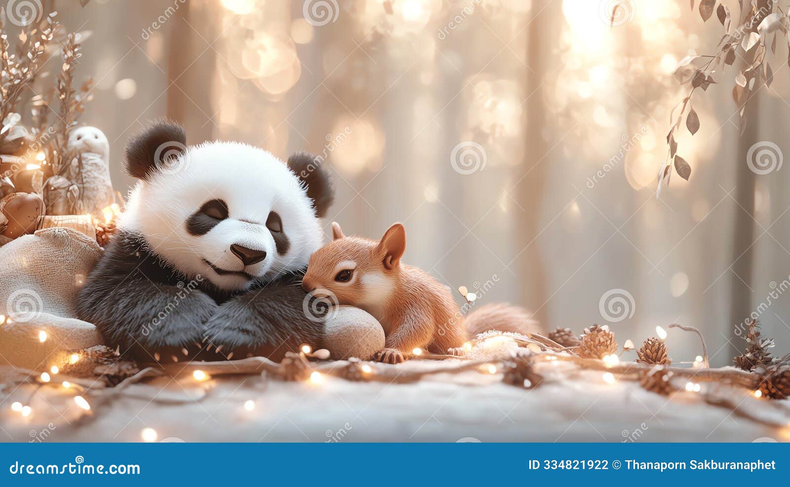 adorable panda cub cuddling with baby animals like a squirrel and puppy in a soft, pastel cartoon forest, focusing on their cute,