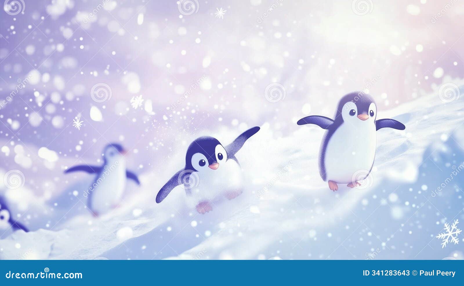 adorable penguins waddling through snow in a winter landscape with soft snowflakes falling