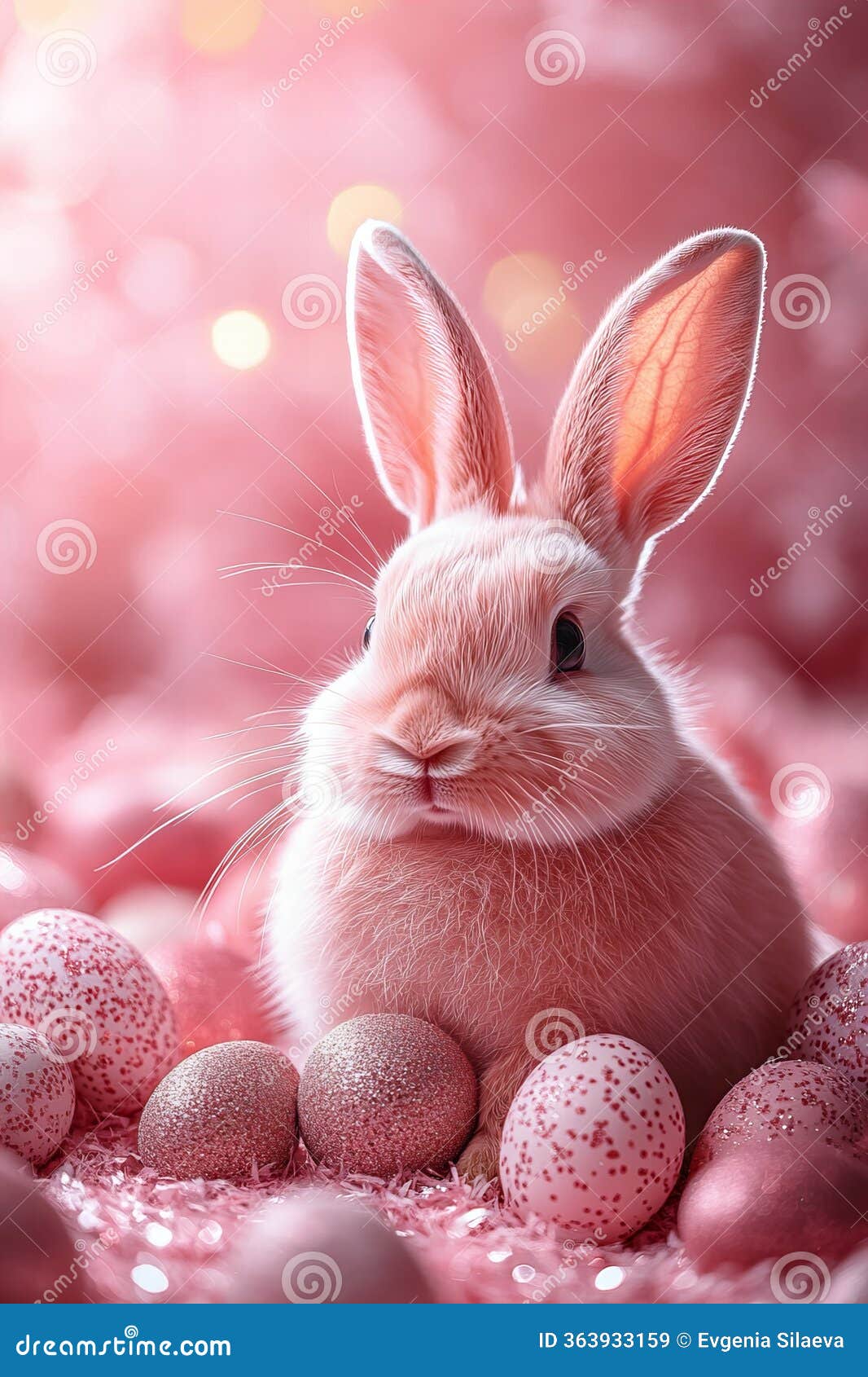 Adorable Pink Bunny with Sparkling Easter Eggs in Whimsical